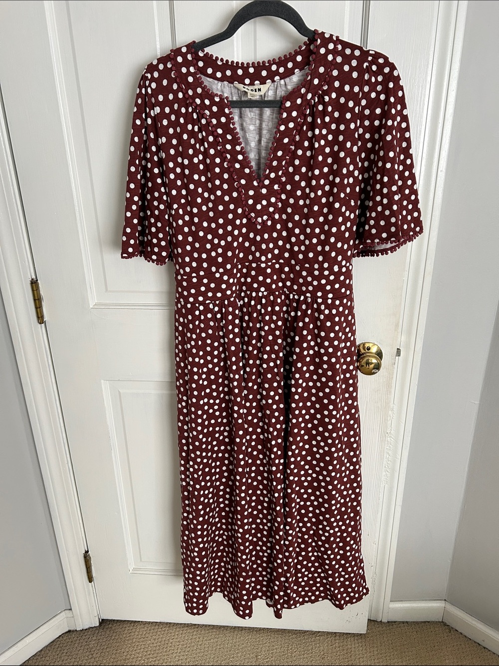 Boden Maroon Polka Dot Midi Dress with White Dots